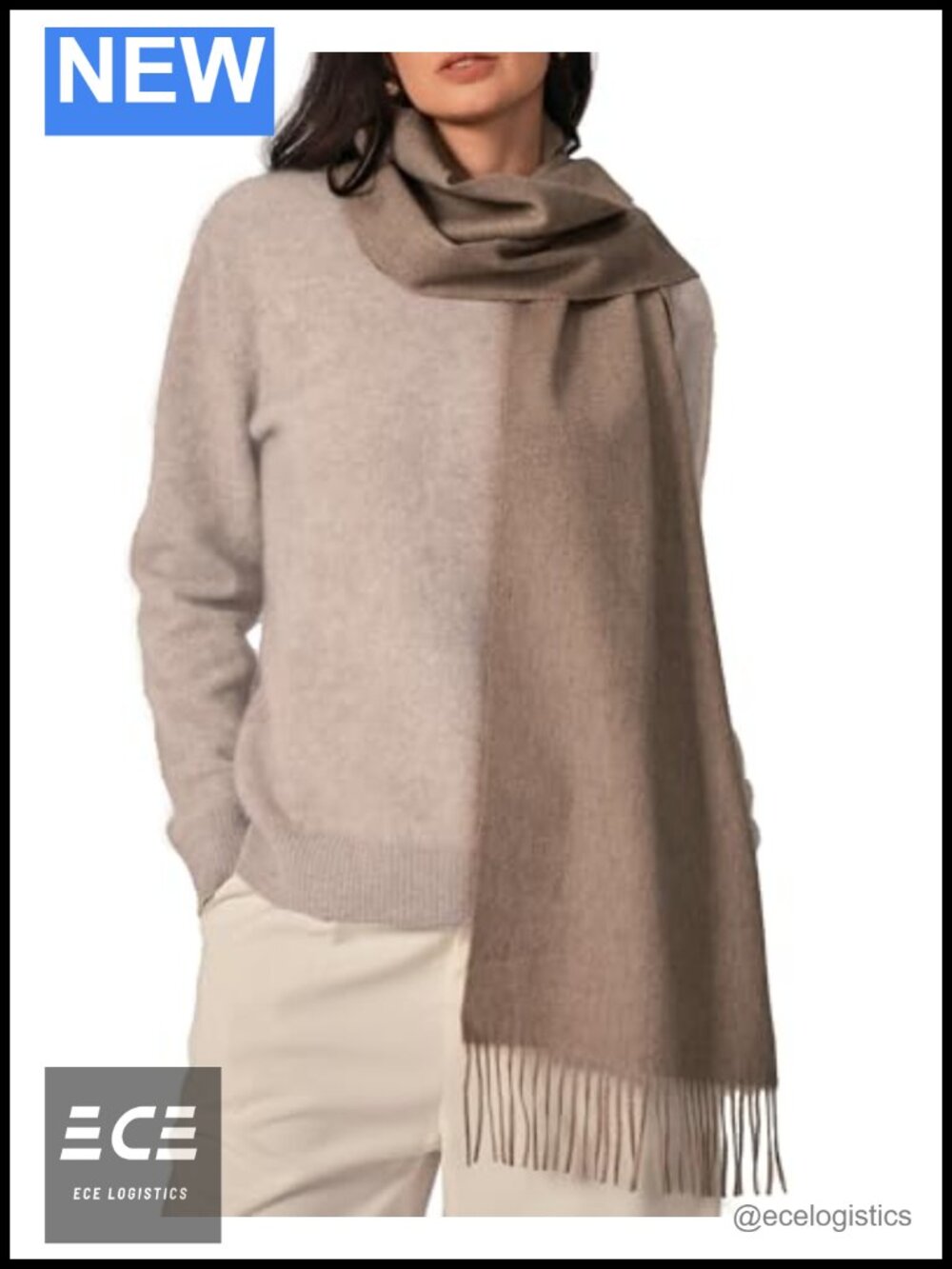 100% Pure Cashmere Woven Scarf Fringed Edges Lightweight Warm